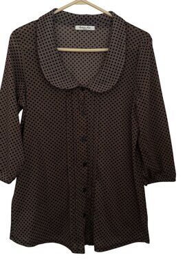 Robins Nest Maternity Blouse L Brown Black Polka Dot Peter Pan Collar 3/4 Sleeve